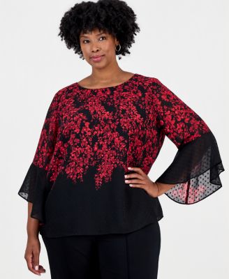 Plus Size Floral-Print Boat-Neck Ruffle-Sleeve Blouse