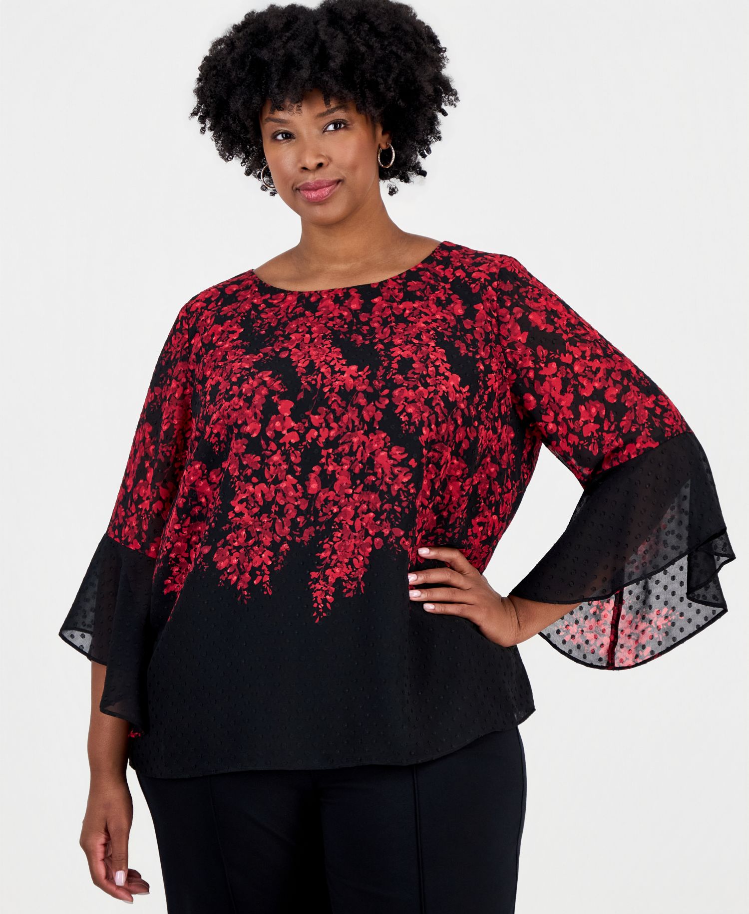 Plus Size Floral-Print Boat-Neck Ruffle-Sleeve Blouse