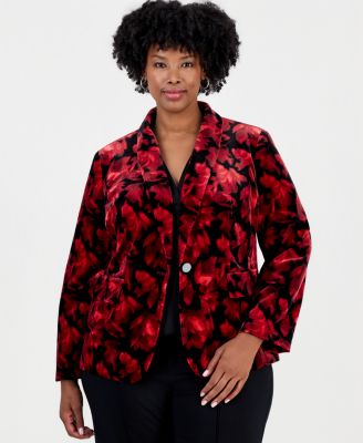 Plus Size Stretch Floral-Print Velvet Blazer