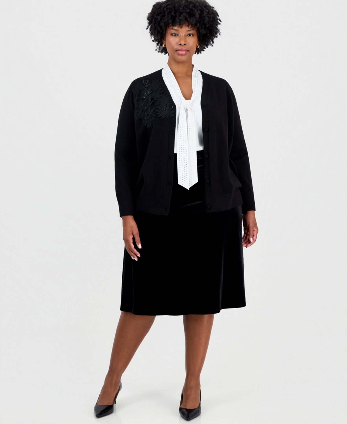 Kasper Plus Size Velvet Midi Skirt - Black