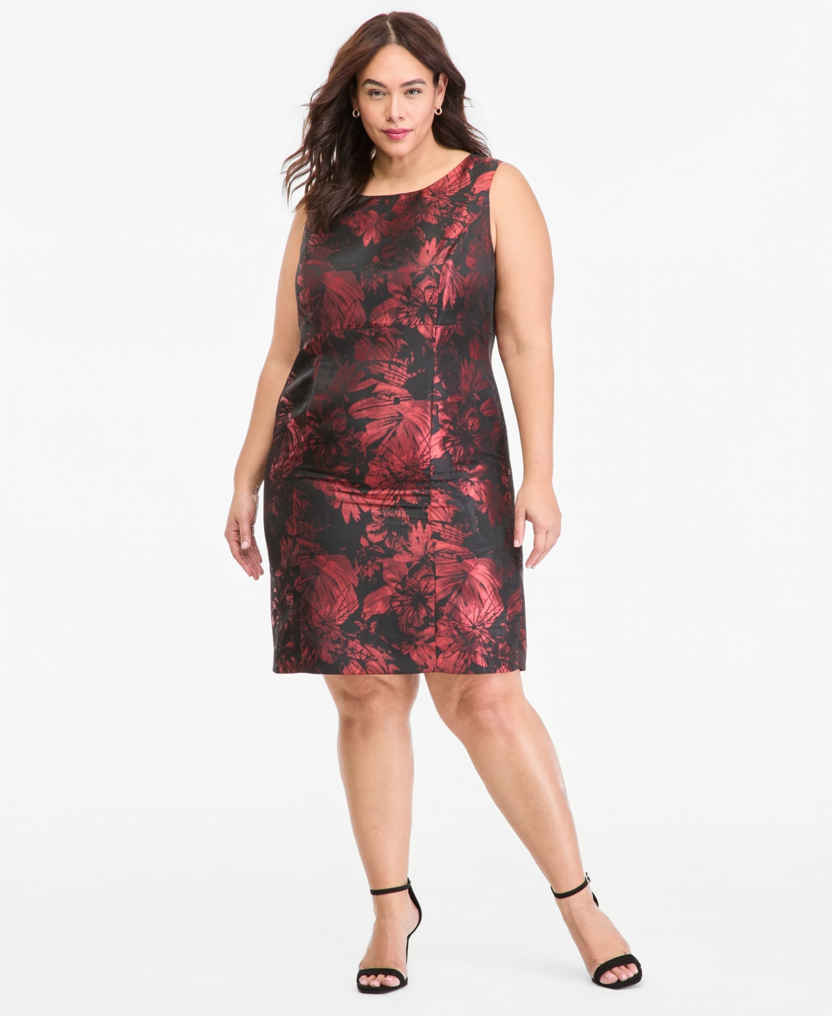 Kasper Plus Size Empire Waist Floral-Print Boat Neck Sleeveless Dress - Fire Red/black