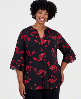 Plus Size Flutter Split Neck Allover Floral Print Tunic