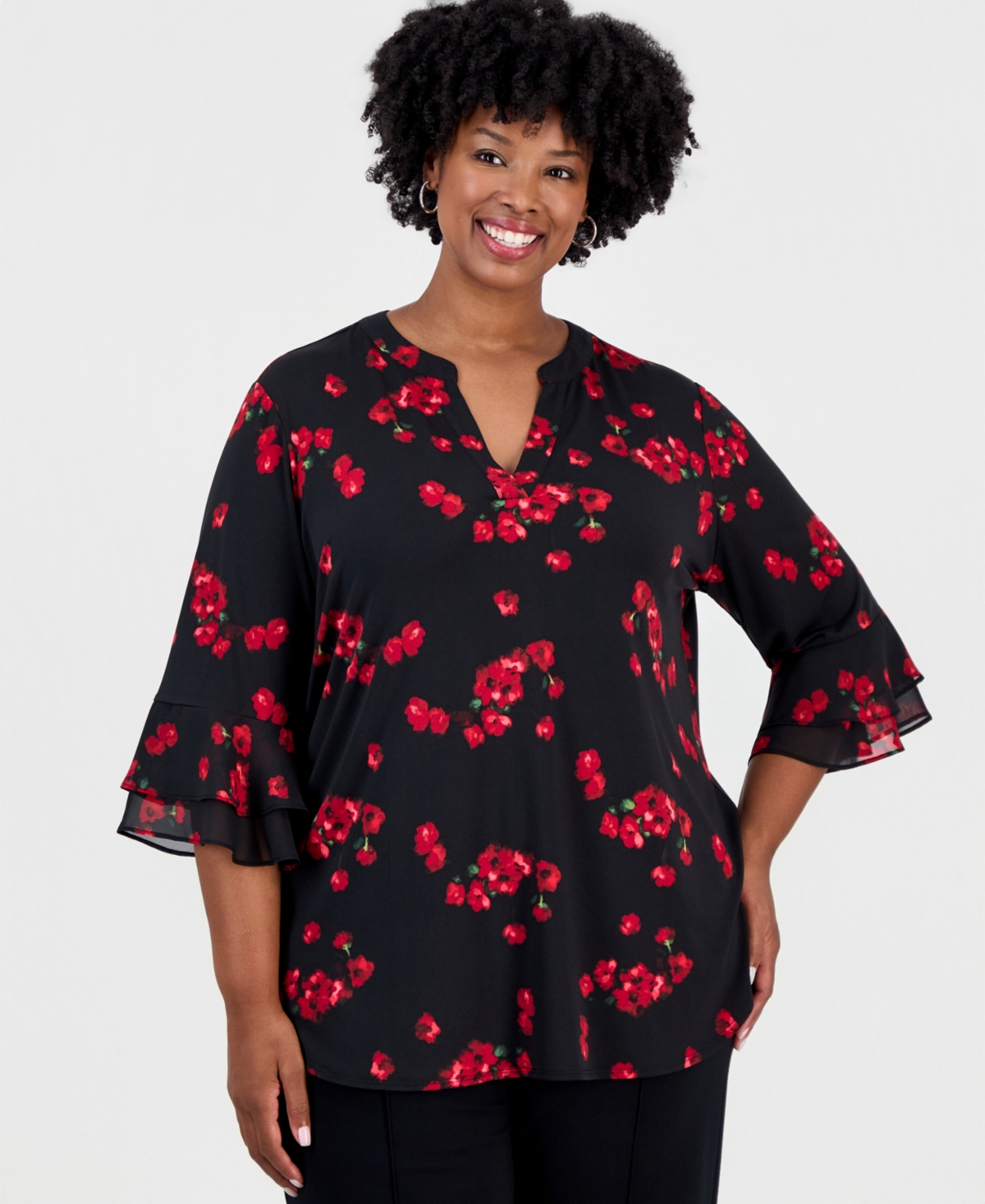Kasper Plus Flutter Split Neck Allover Floral Print Tunic
