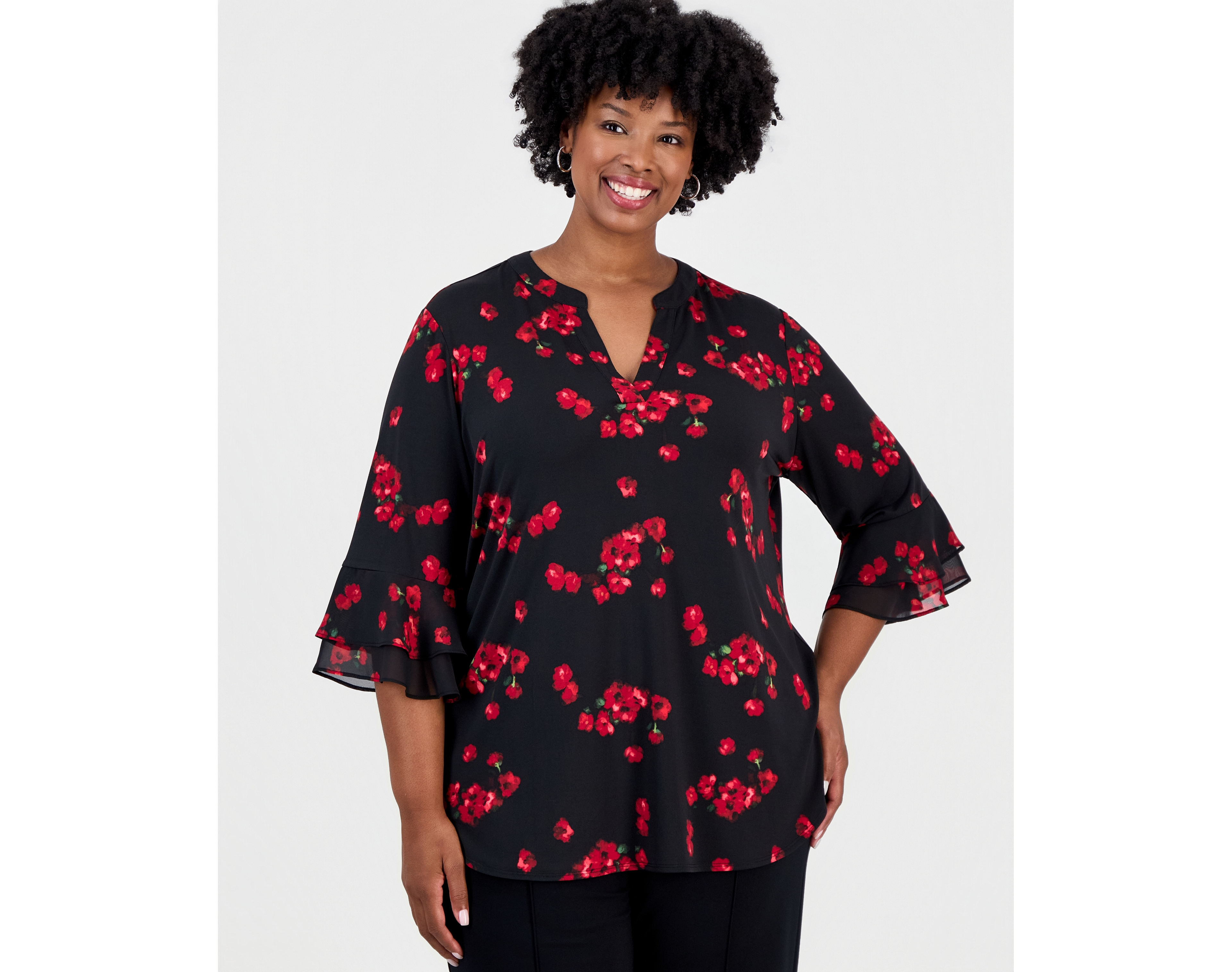 Kasper Plus Flutter Split Neck Allover Floral Print Tunic