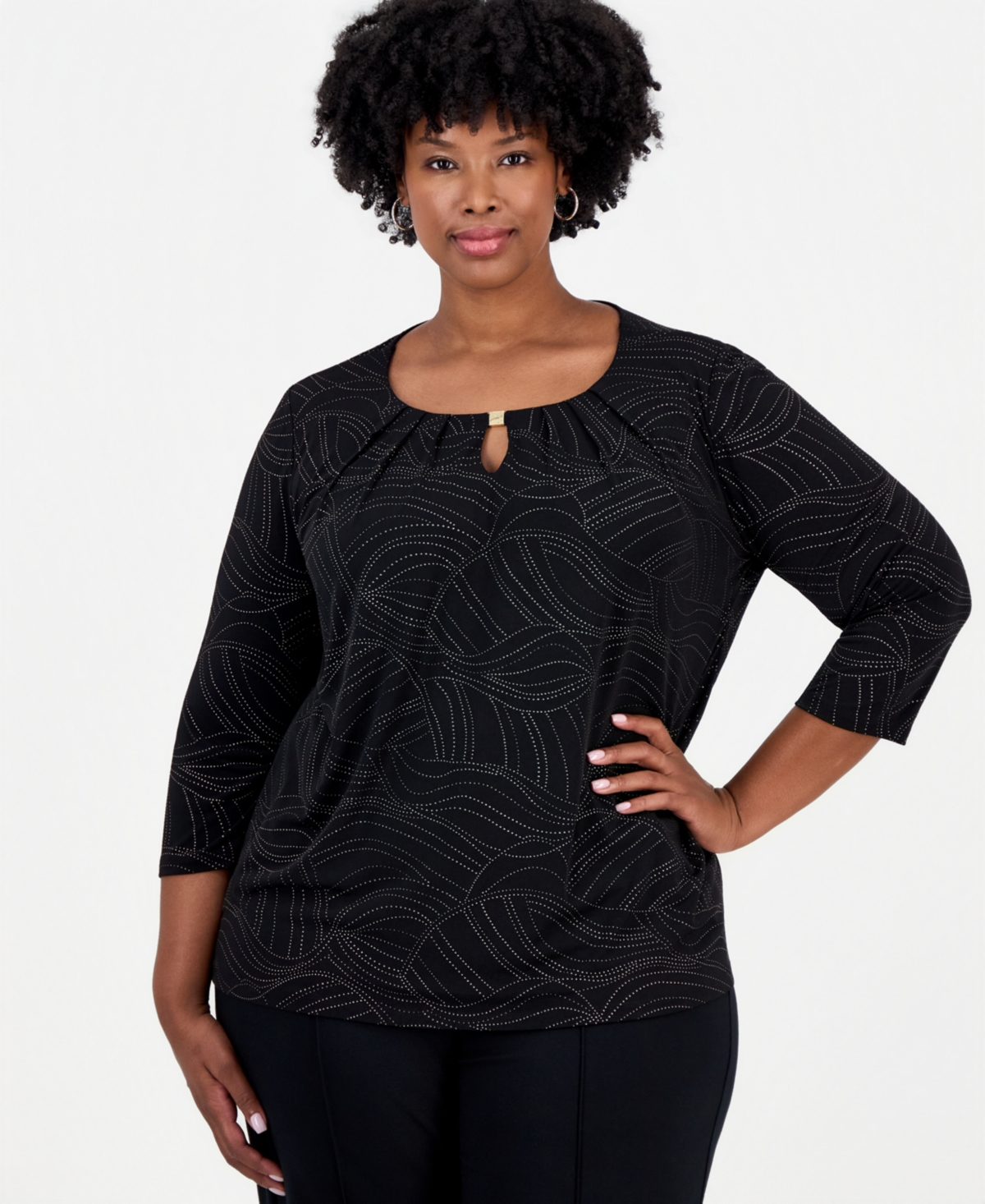 Kasper Plus Size 3/4-Sleeve Pleated Blouse - Black