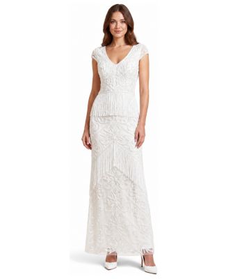 Women's Cap Sleeve Bridal Beaded Gown with Fringe