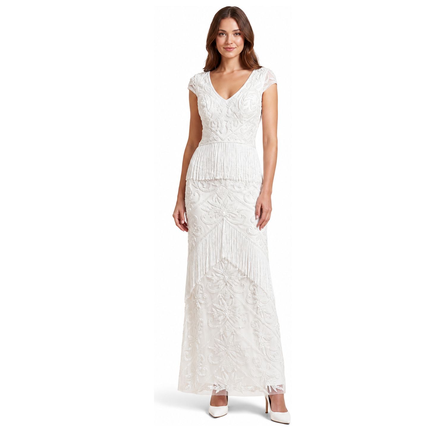 Women's Cap Sleeve Bridal Beaded Gown with Fringe