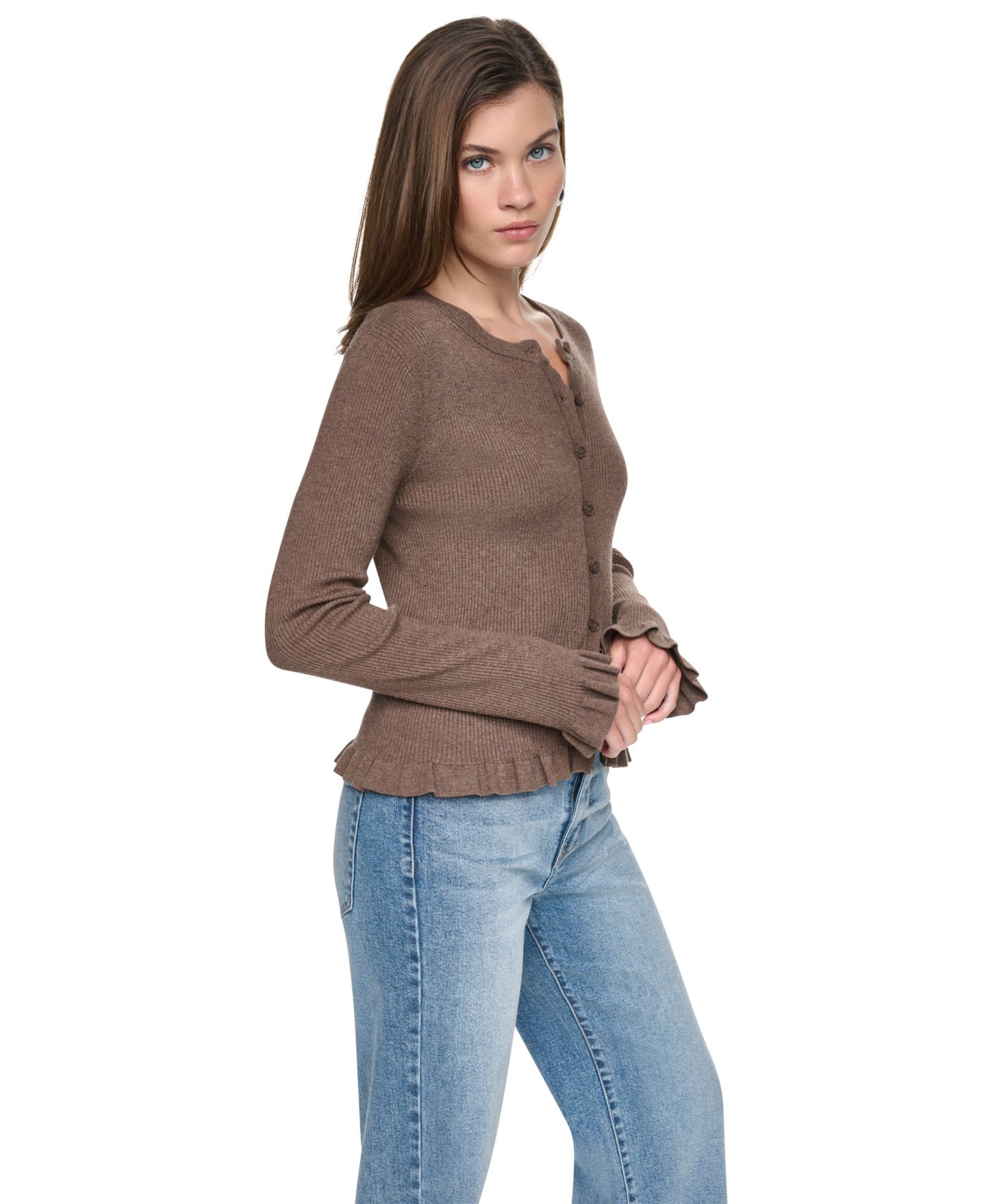 Женский кардиган DKNY Jeans Petite Ribbed Knit Ruffle Trim, цвет: Карамельный меланжевый — фото 2