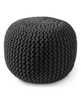 Round Pouf Ottoman High Cotton Knit Foot Stool - Boho Floor Pouffe for Living Room