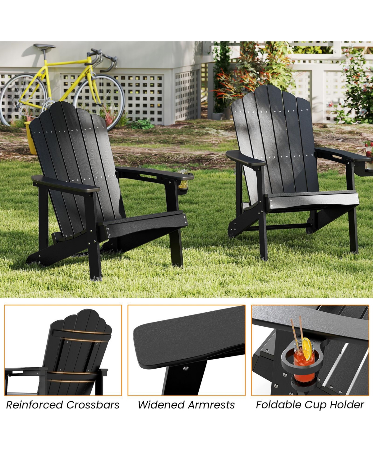 Patio Adirondack Chair Weather Resistant Garden Deck W/Cup Holder