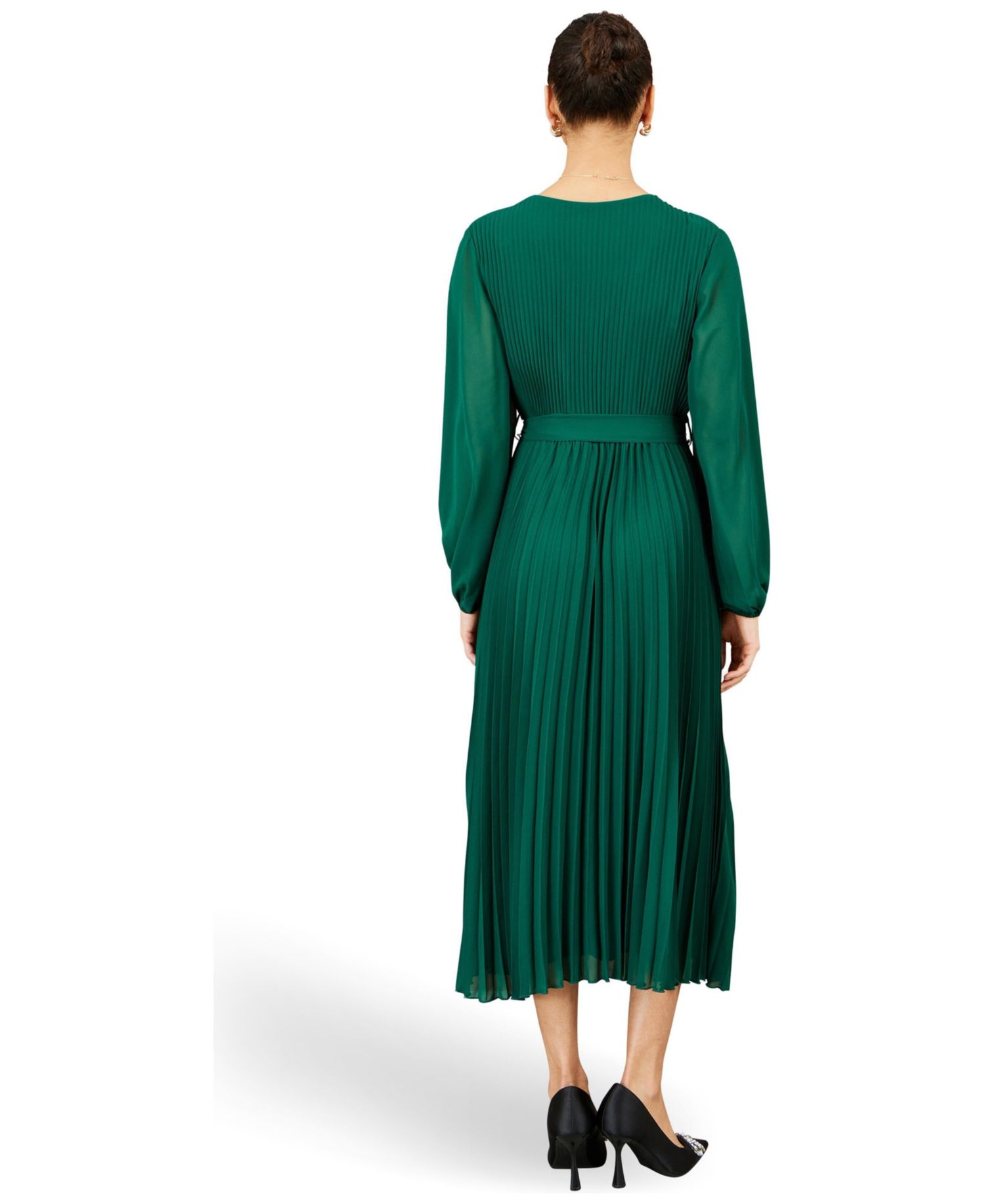Women's Long-Sleeve V-Neck Pleated Wrap Midi Dress