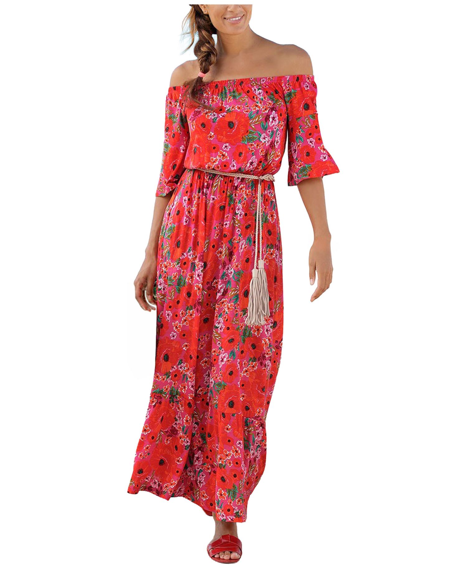 Women's Viscose Printed Off Shoulder Elastic-Waist Maxi Dress