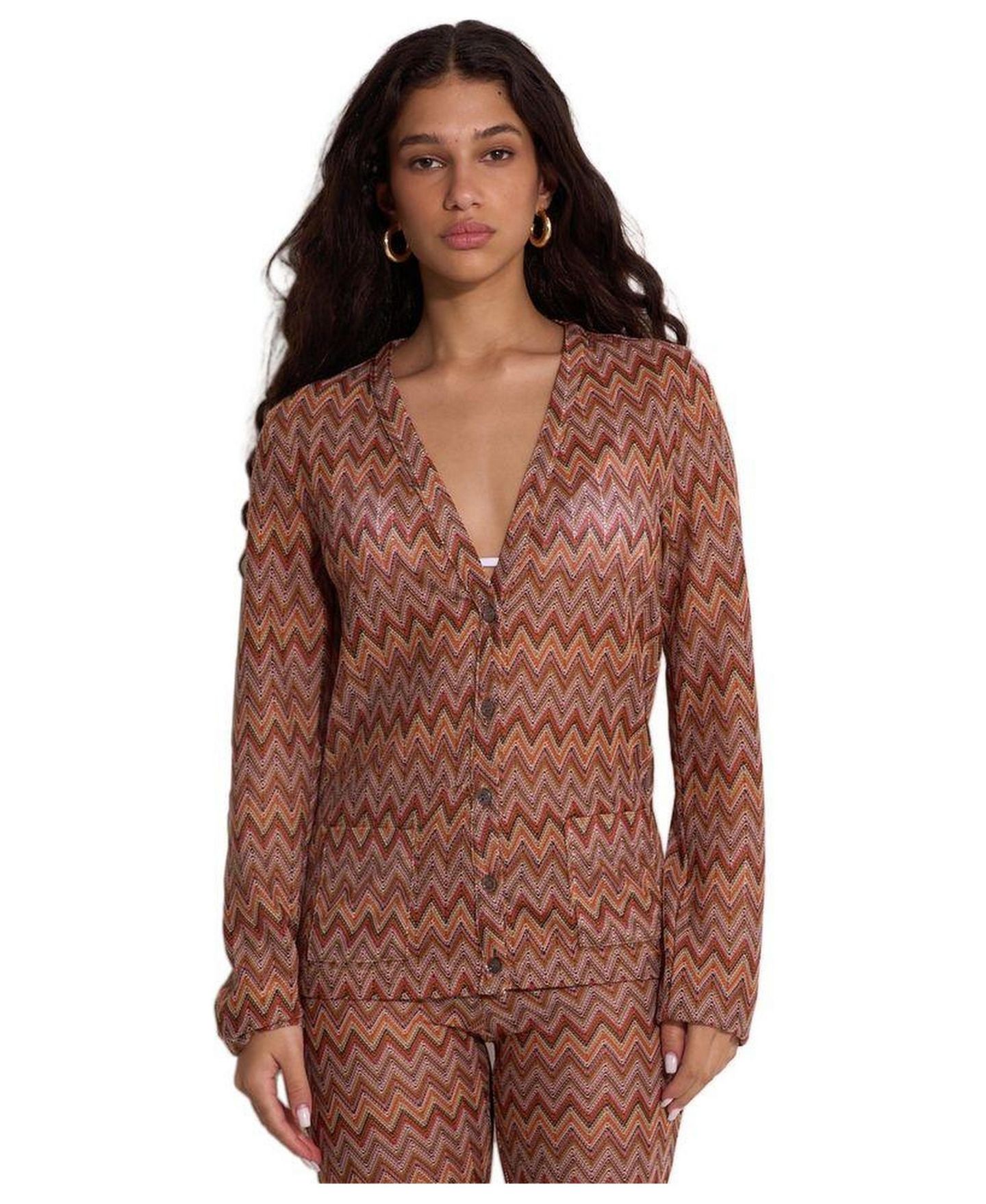 Женский кардиган Gottex Beach Life Desert Mirage Victoria Beach Zig-Zag Crochet V-Neck, цвет: Разноцветный коричневый — фото 1