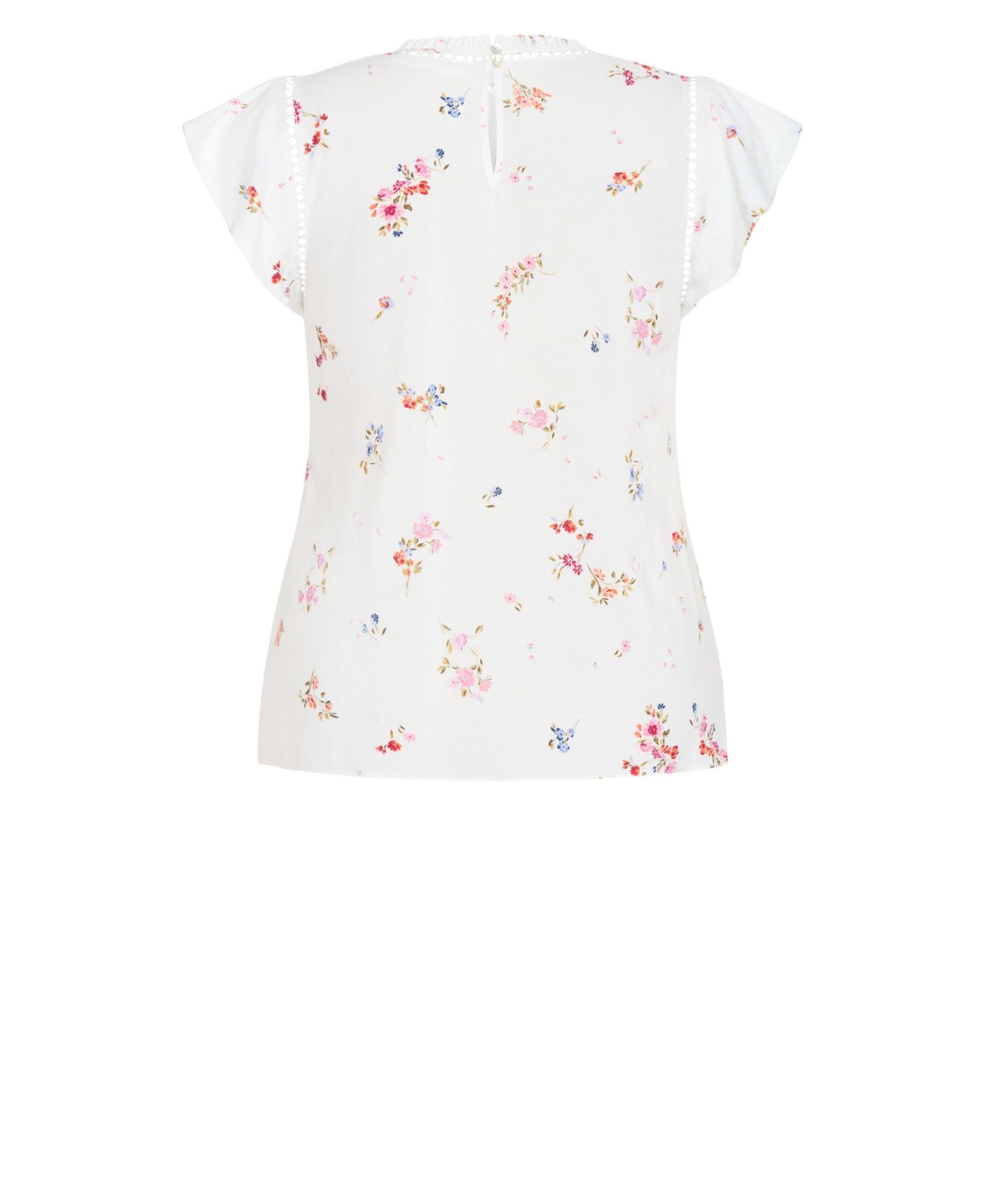 Plus Size Fleur Petal Print Top with Frilled-Crew Neckline and Short Flutter Sleeves