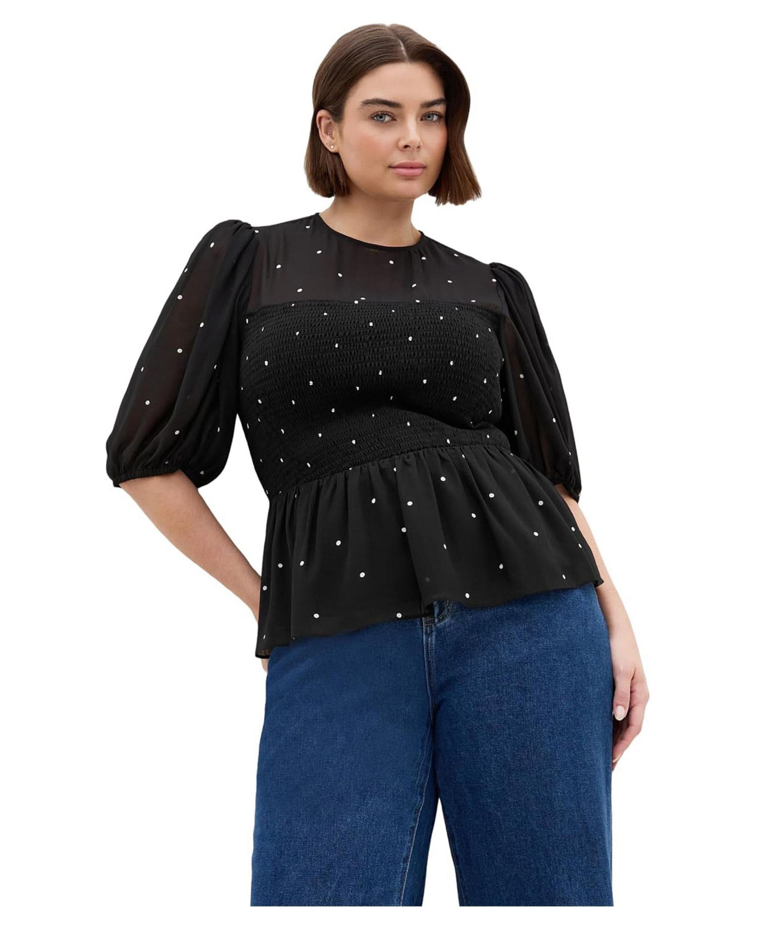 Plus Size Esther Spot-Print Shirred Peplum Blouse