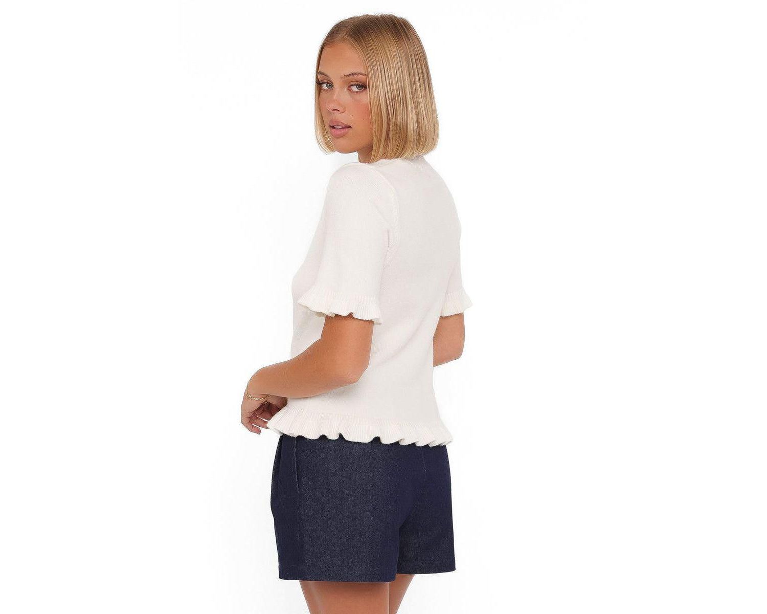 Women's Emilie Ribbed-Knit Ruffle Short-Sleeve Crewneck Sweater