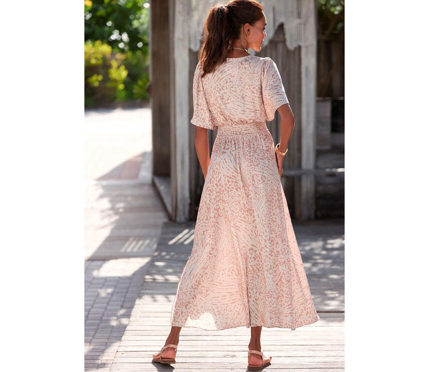 Women's Printed Flowy Flutter Fit-and-Flare V-Neck Maxi Dress