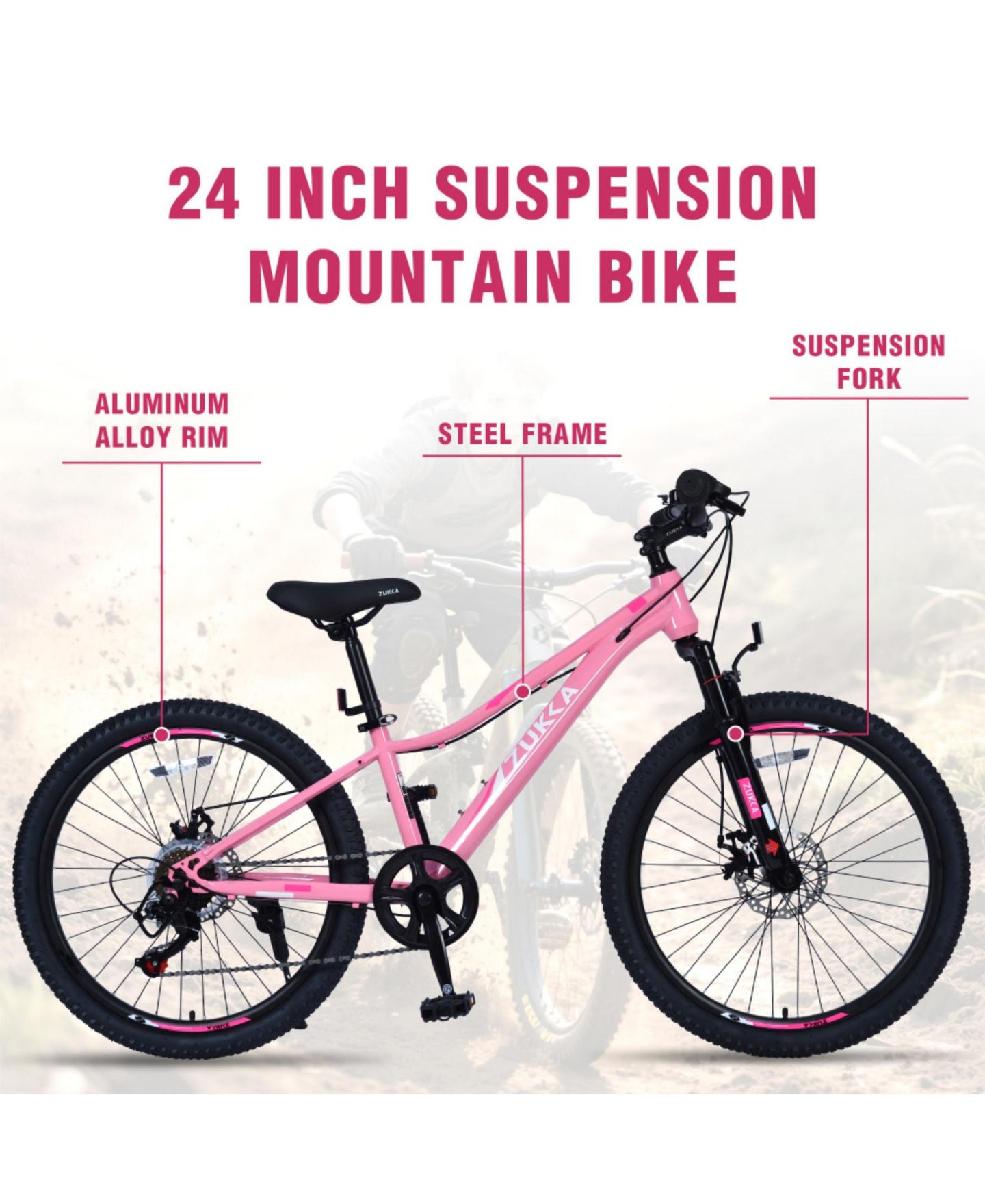 Детская игрушка ECHTPeak 24 Inch 6-Speed Mountain Bike with Suspension Fork, 220 lb. Capacity, 9–12 лет, цвет: Розовый — фото 2
