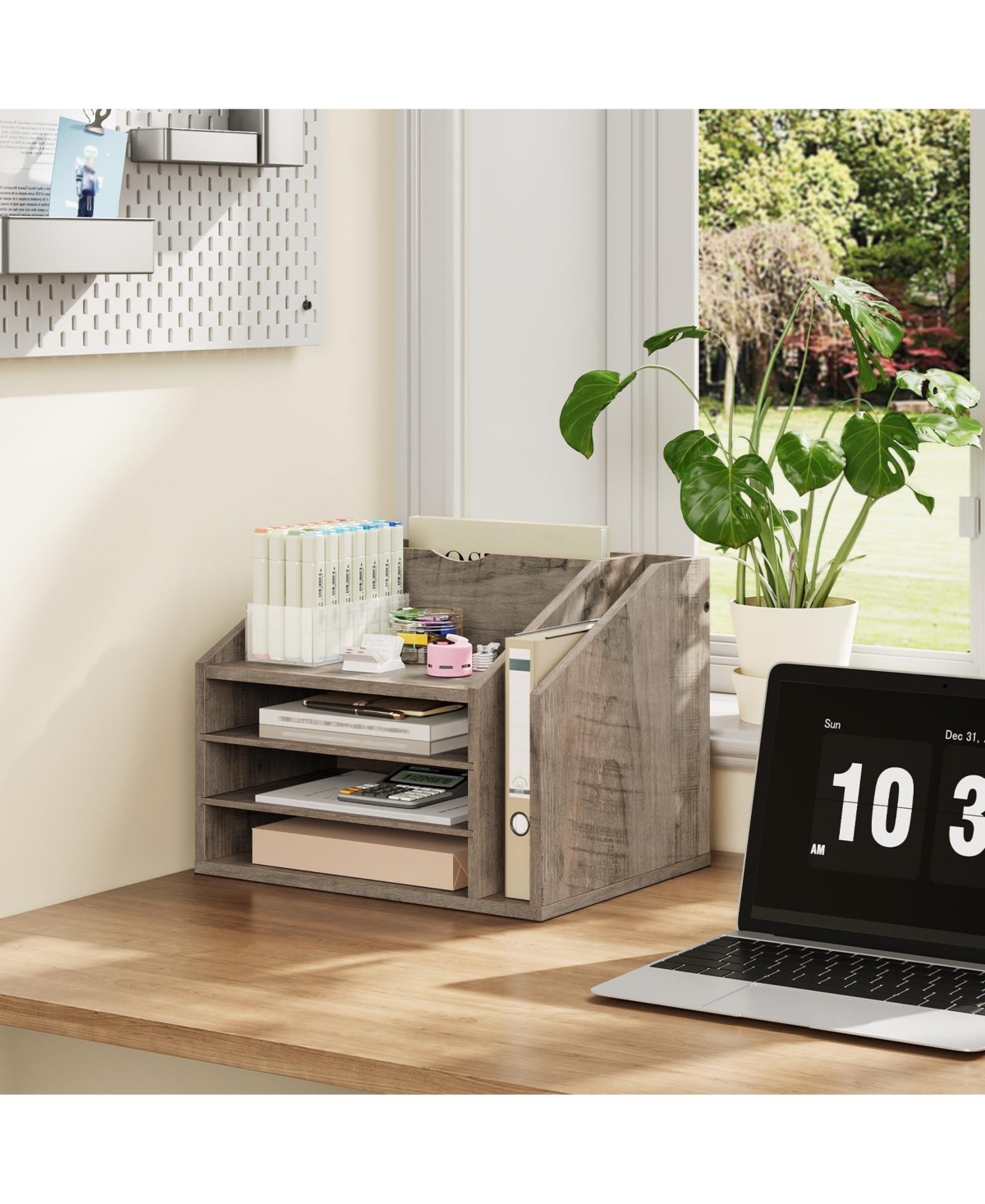 Danrong Rustic Brown Wooden Desk Organizer Adjustable Partitions Multi Layer Desktop File Holder