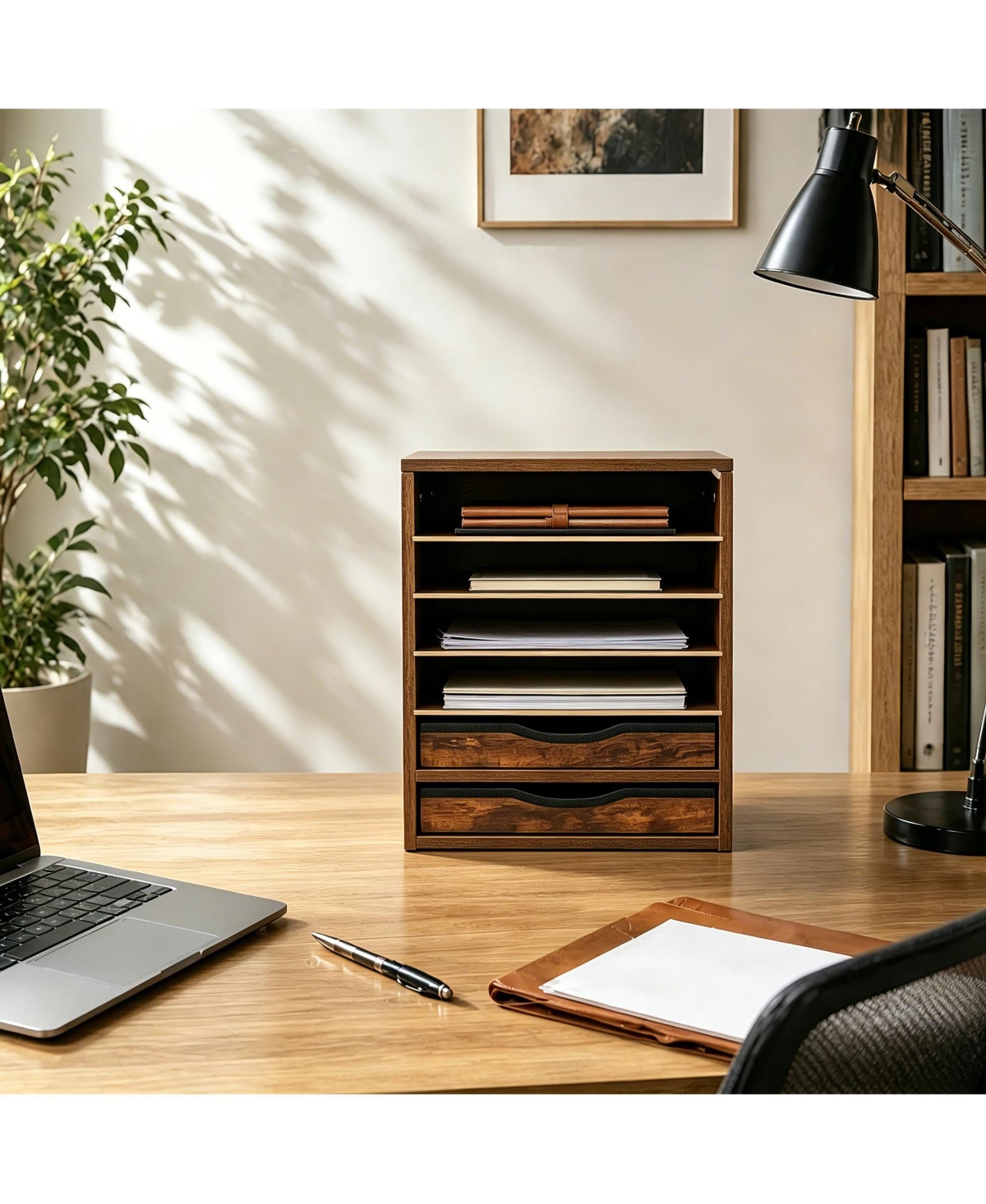 Danrong Brown Wooden 6 Tier Adjustable Desk Organizer With 2 Drawers For Home Office Classroom
