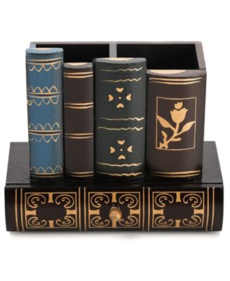 Wooden Library Book Design Pen Holder With Drawer Desk Organizer