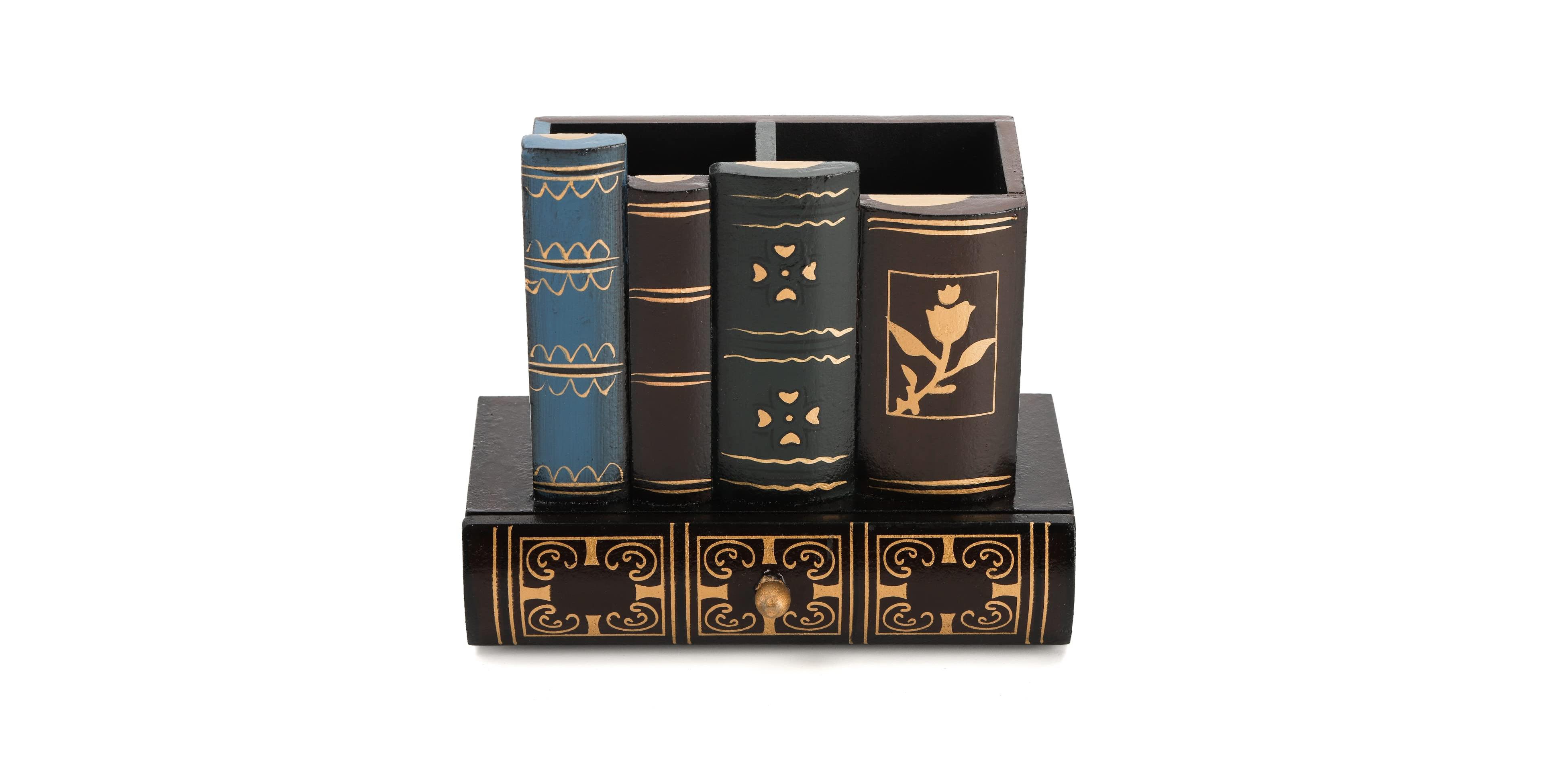 Danrong Wooden Library Book Design Pen Holder With Drawer Desk Organizer