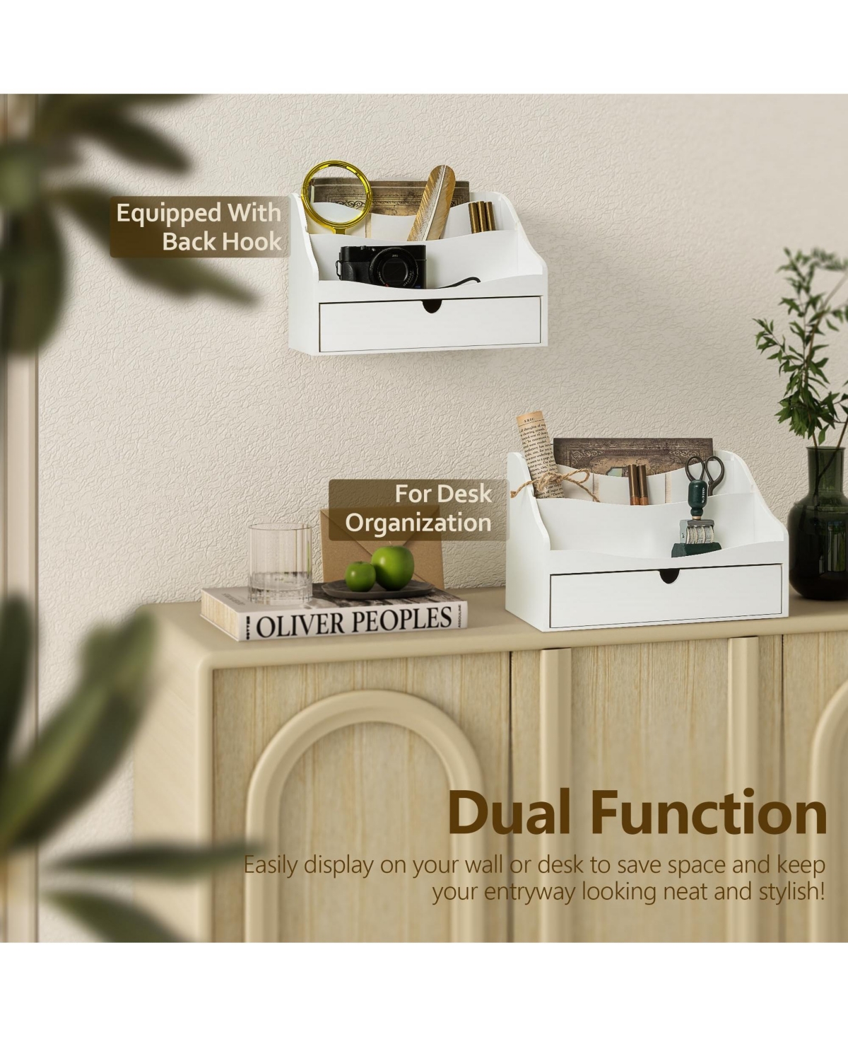 Danrong Rustic Pine Wood Desk Mail Organizer With Removable Dividers Drawer