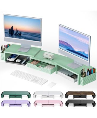 Dual Monitor Stand Riser With Drawer Pen Holders Height Adjustable Desk Organizer
