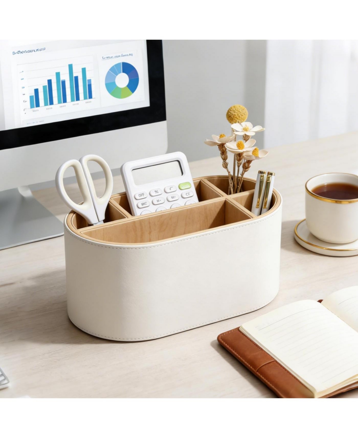 Danrong Pu Leather Oval Desk Organizer Multifunctional Storage For Office And Home