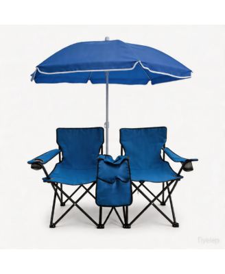 Portable Double Folding Beach Chair Set with Umbrella, 2-Person Outdoor Camping Chair with Cup Holders, Foldable Patio Chair