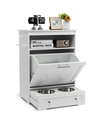 Pet Feeder Station with Stainless Steel Bowls Storage Cabinet and Hanging Hooks for Dogs and Cats