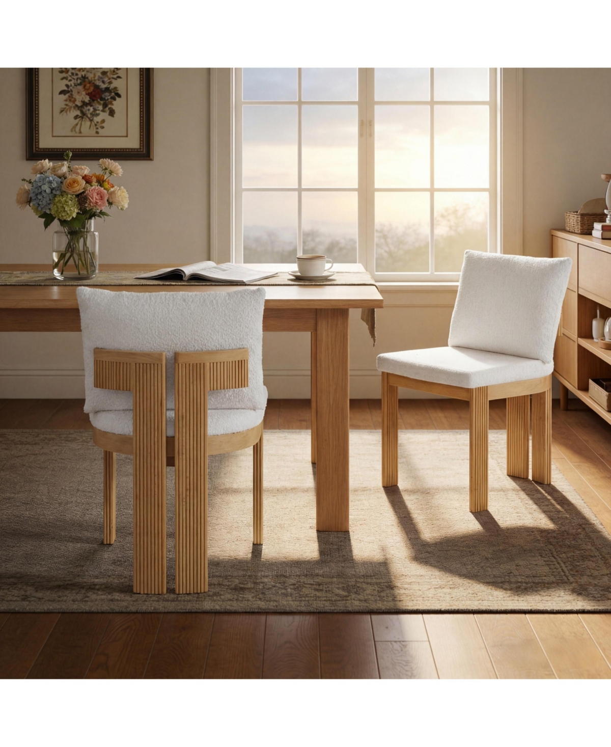 Flynama Set of 2 Boucle Dining Chairs with Rubber Wood Frame, Indoor Kitchen and Dining Room Chairs