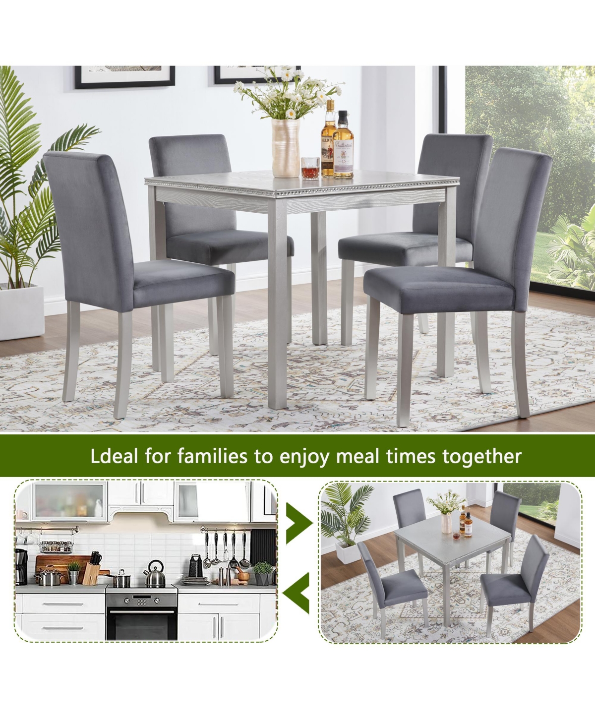 Flynama 5-Piece Wooden Dining Table Set with Upholstered Chairs, Crystal Accent Square Dining Set for Kitchen and Dining Room