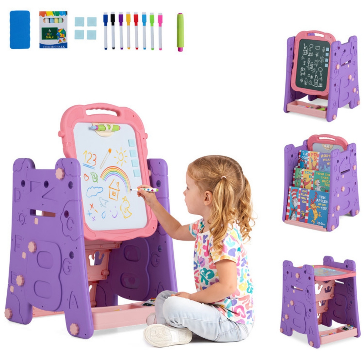 Sugift 4-in-1 Kids Art Double-Sided Magnetic Adjustable Easel