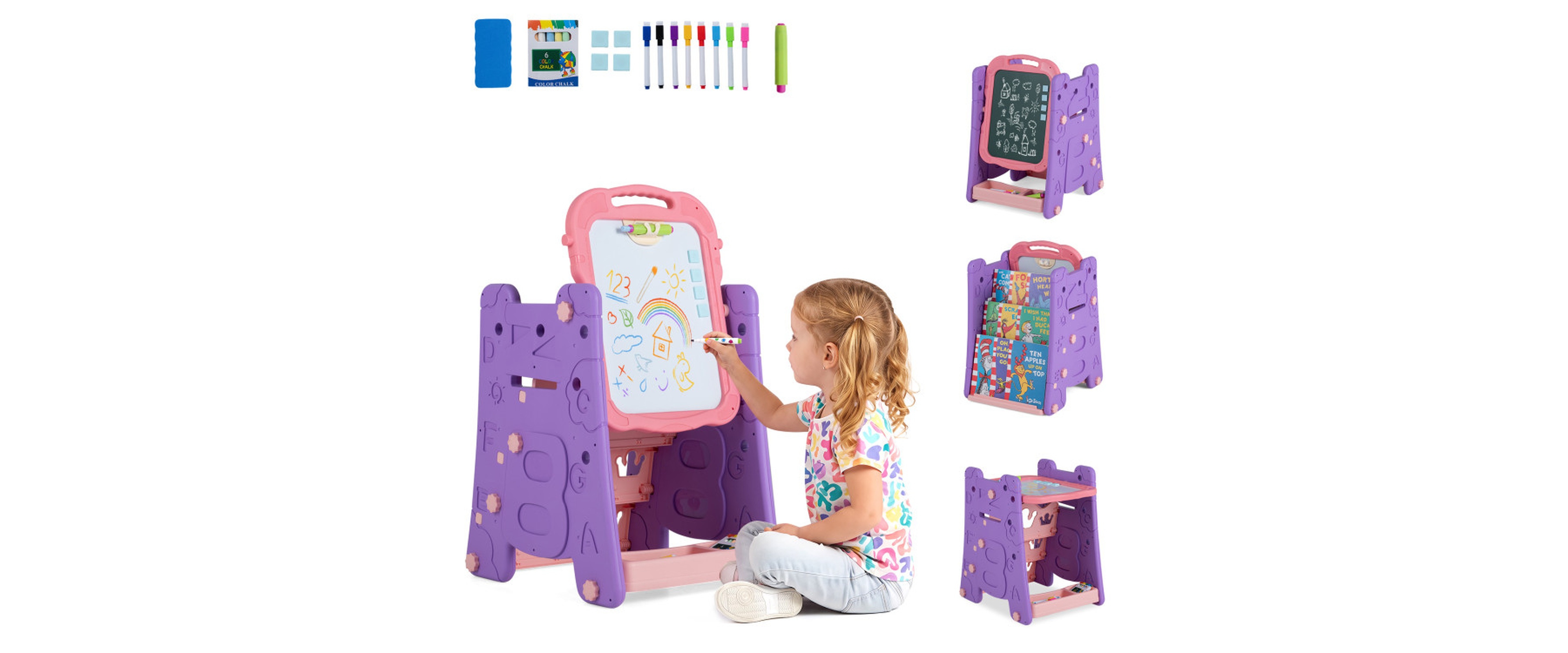 Sugift 4-in-1 Kids Art Double-Sided Magnetic Adjustable Easel