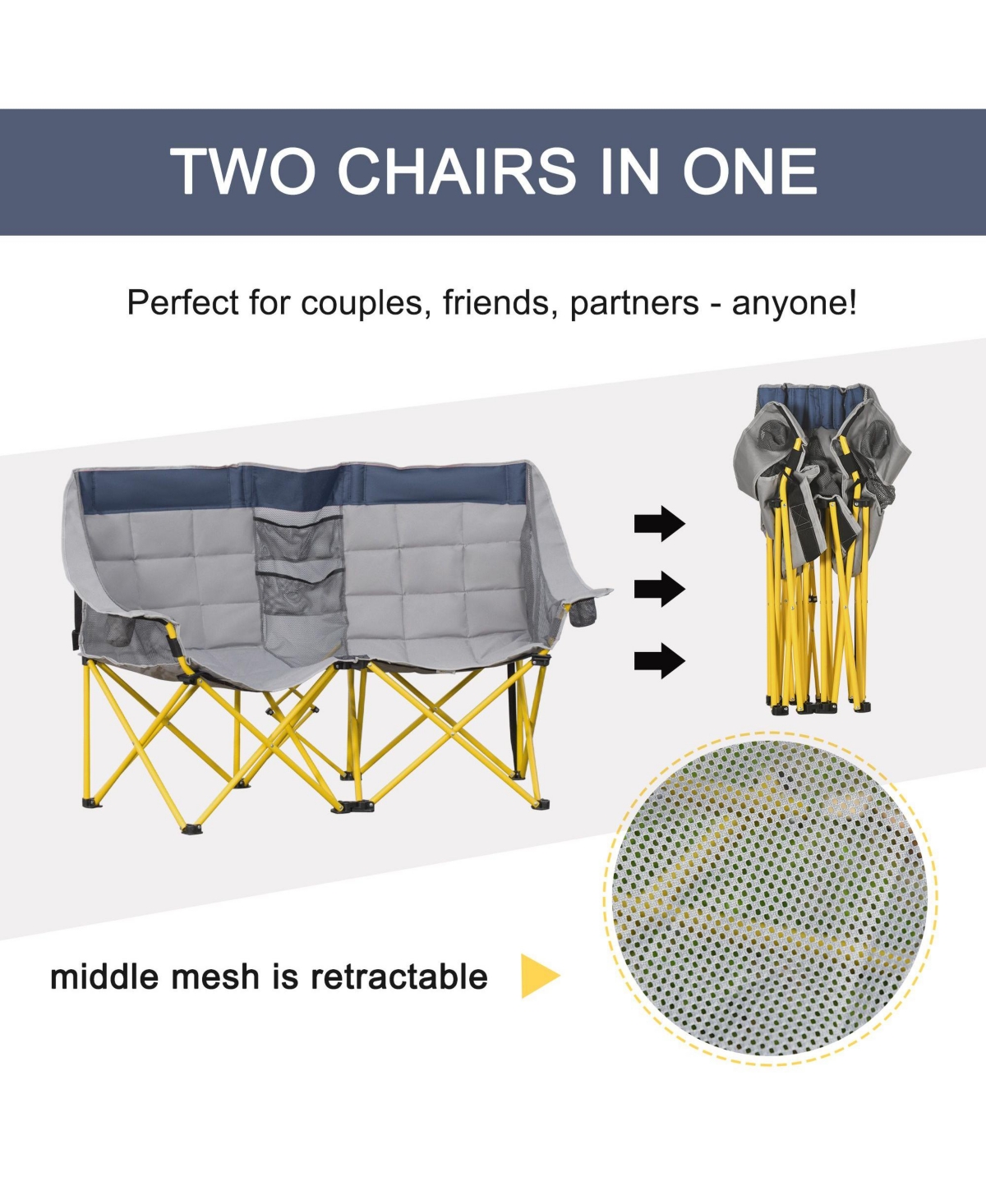 Mountaintop Loveseat Style Camping Chair,Oversized Folding Lawn Chair with Carry Bag and Cup Holders,for Outdoor, Beach, Picnic, Hiking, Travel