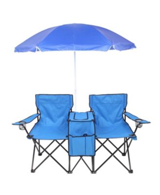 Double Folding Picnic Chairs w/Umbrella Mini Table Beverage Holder Carrying Bag for Beach Patio Pool