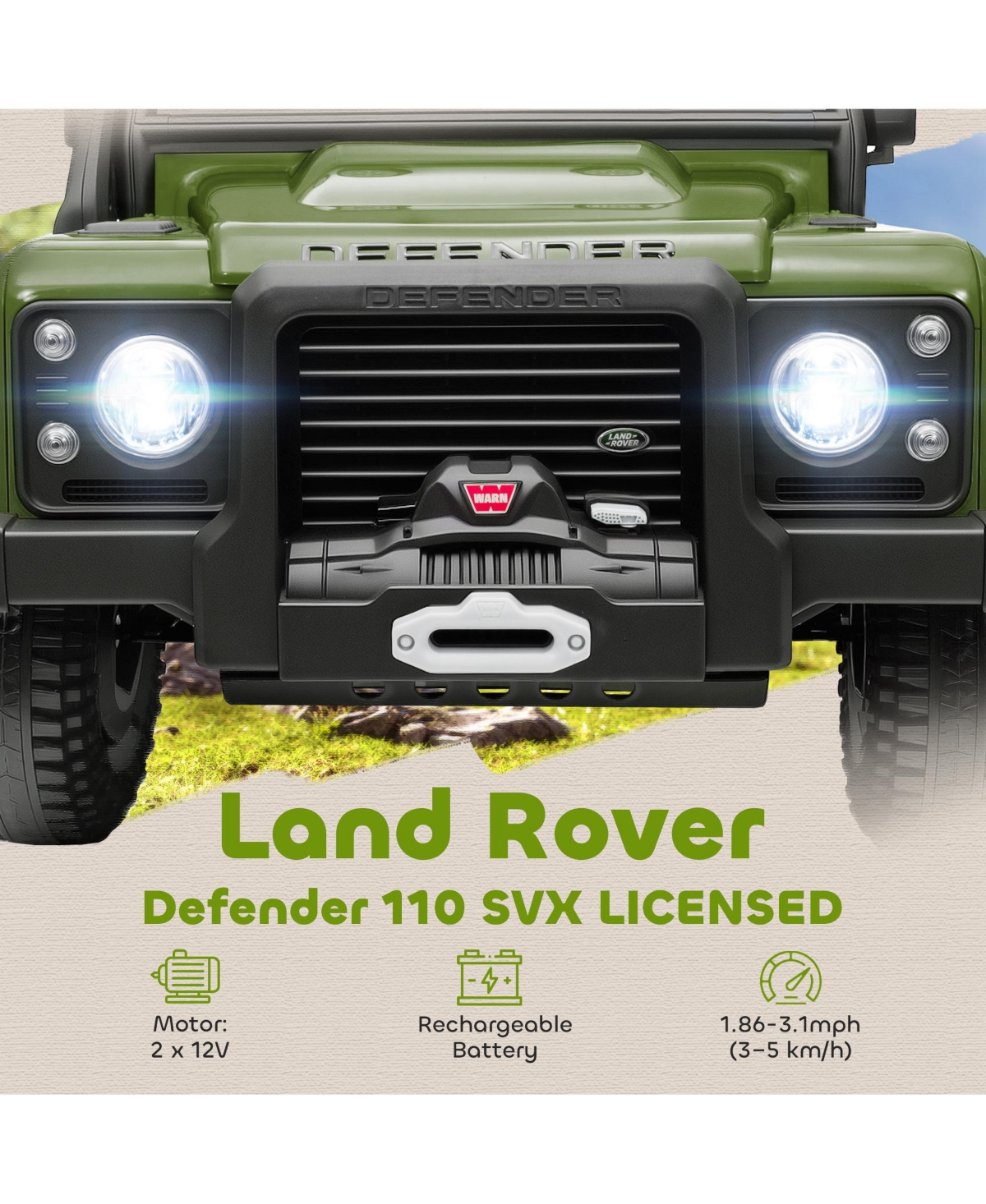 Sevorley 12V Land Rover Defender 110 Svx Kids Ride-On Truck with Parental Remote Control, Wheel Suspension, Led Lights, Ages 3-5