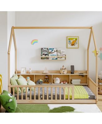 Twin House Floor Bed with LED, Charging Station and Storage