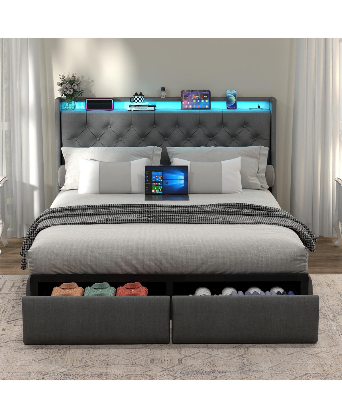 Streamdale Furniture Queen Led Upholstered Platform Bed with Storage Drawers and Charging Station