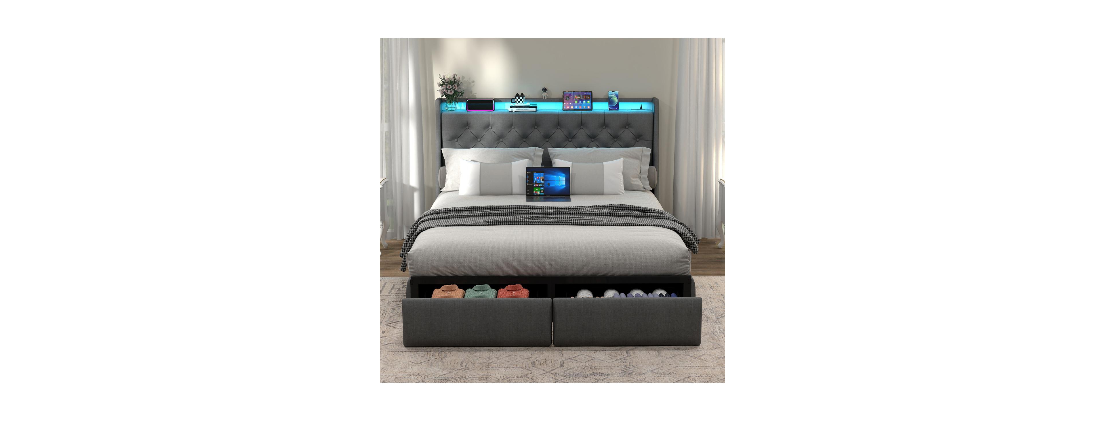 Streamdale Furniture Queen Led Upholstered Platform Bed with Storage Drawers and Charging Station