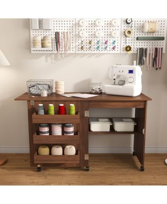 Walnut 4-in-1 Folding Sewing Table and Craft Station with Wheels