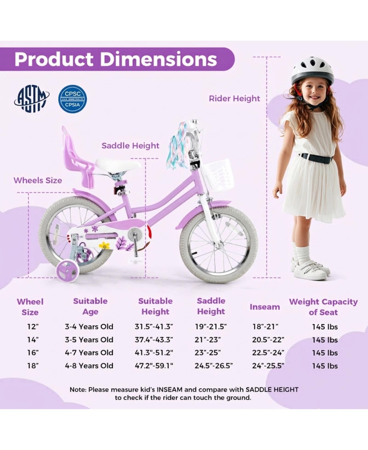 Hongge 16-Inch Girls Bike with Training Wheels, Dual Brake System and Doll Seat, Ages 4-7