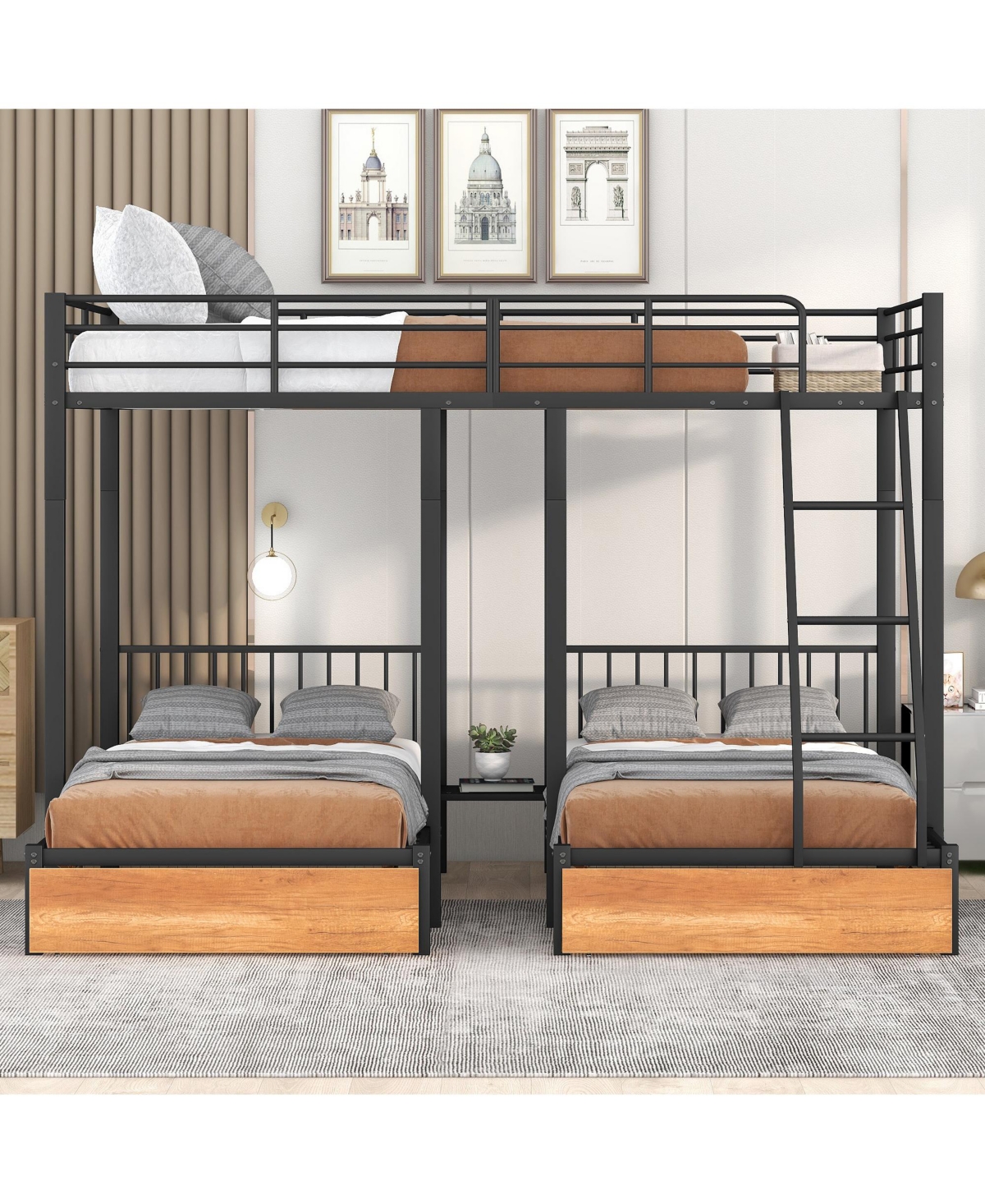 Clihome Full Over Twin and Twin Bunk Bed, Metal Triple Bunk Bed with Drawers and Guardrails