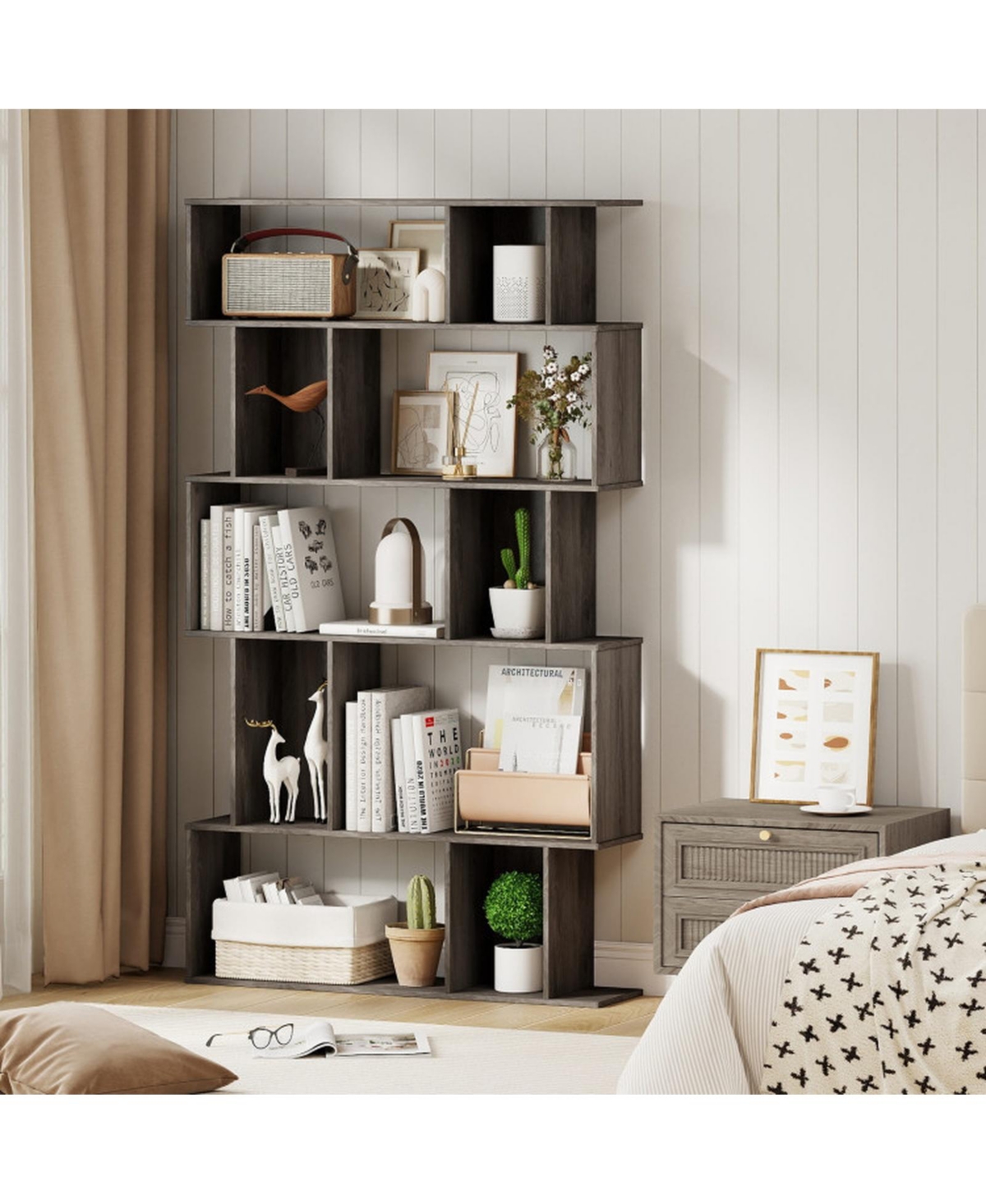 Sugift 5-Tier Geometric Bookshelf with Staggered Open Shelves and Closed-Back Cubes