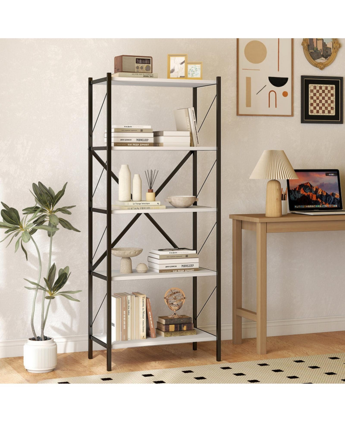 Sugift 62 Inch 5-Tier Industrial Bookcase with X-Braced Heavy-Duty Metal Frame