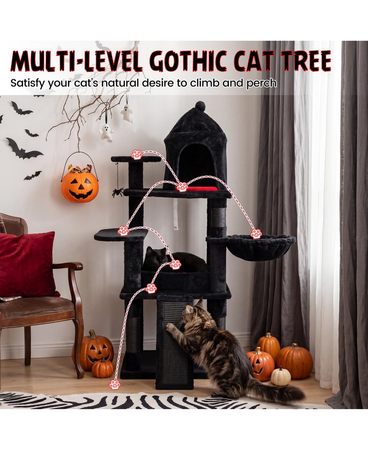Gymax Gothic Cat Tree 50'' Large Cat Tower with House Coffin Bed Spider Hanging Ball