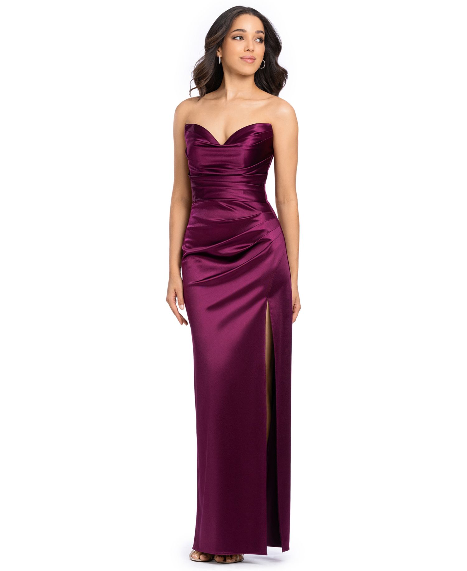 Juniors' Long Strapless Glam Satin Slim Gown