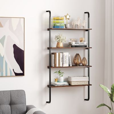 4-Tier Wall-Mounted Industrial Pipe Shelving with Metal Frame for Living Room and Kitchen