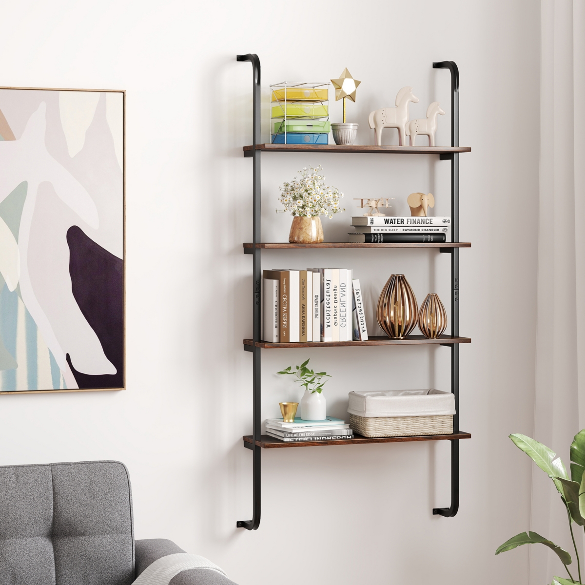 Sugift 4-Tier Wall-Mounted Industrial Pipe Shelving with Metal Frame for Living Room and Kitchen